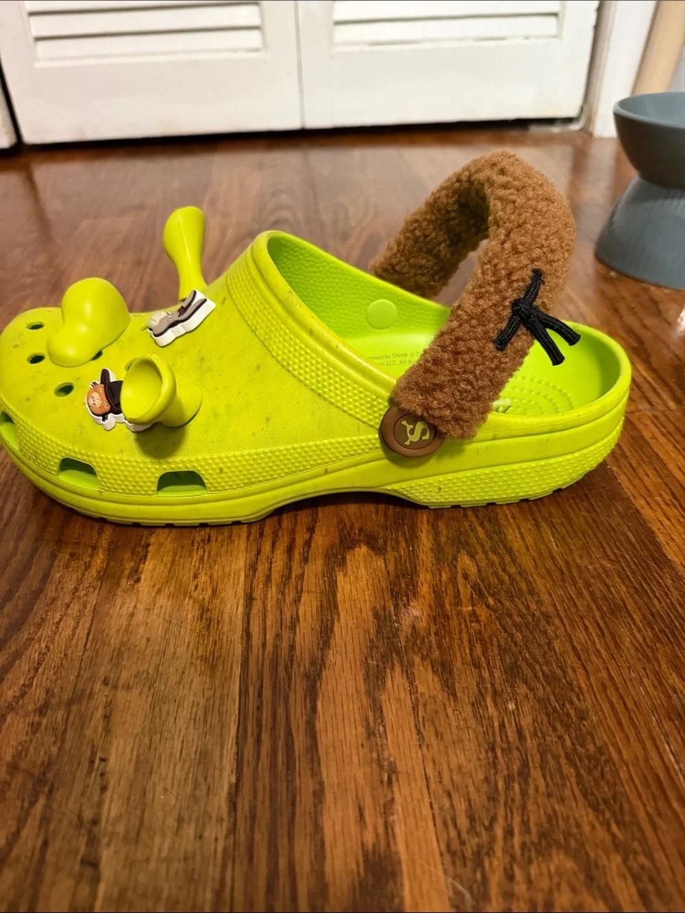 CROCS X Shrek Neon Lime Green Clog Sandals with Brown Fuzzy Heel Strap